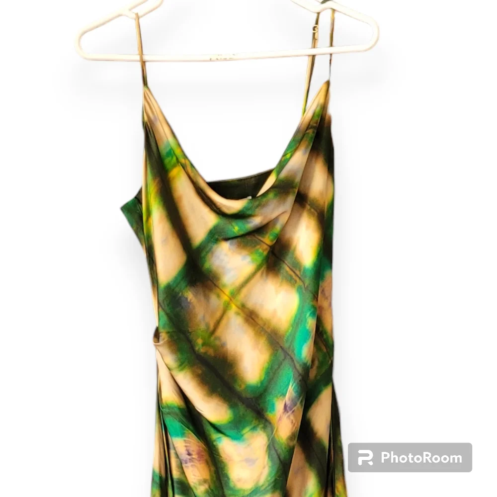 NWT Zara Satin Cowl Neck Draped Midi Slip Dress Green Gold Boho XL - Picture 3 of 14